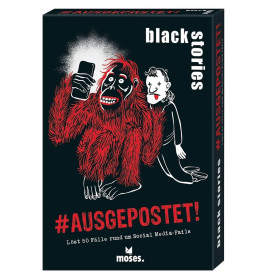 Spielschachtel mit rotem Affen beim Selfie und grinsender Person, Titel: #AUSGEPOSTET! black stories.