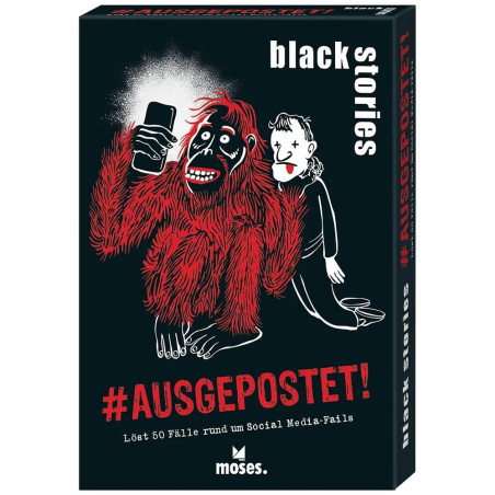 Spielschachtel mit rotem Affen beim Selfie und grinsender Person, Titel: #AUSGEPOSTET! black stories.