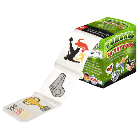 Schachtel mit der Aufschrift "Fußball 24 Tattoos", aus der sportliche Temporärtattoos herausgezogen werden.