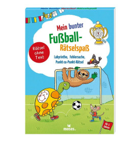 Buntes deutsches Kinder-Fußballrätselbuch mit tierischen Spielern, einem Tor und Ball auf dem Spielfeld.