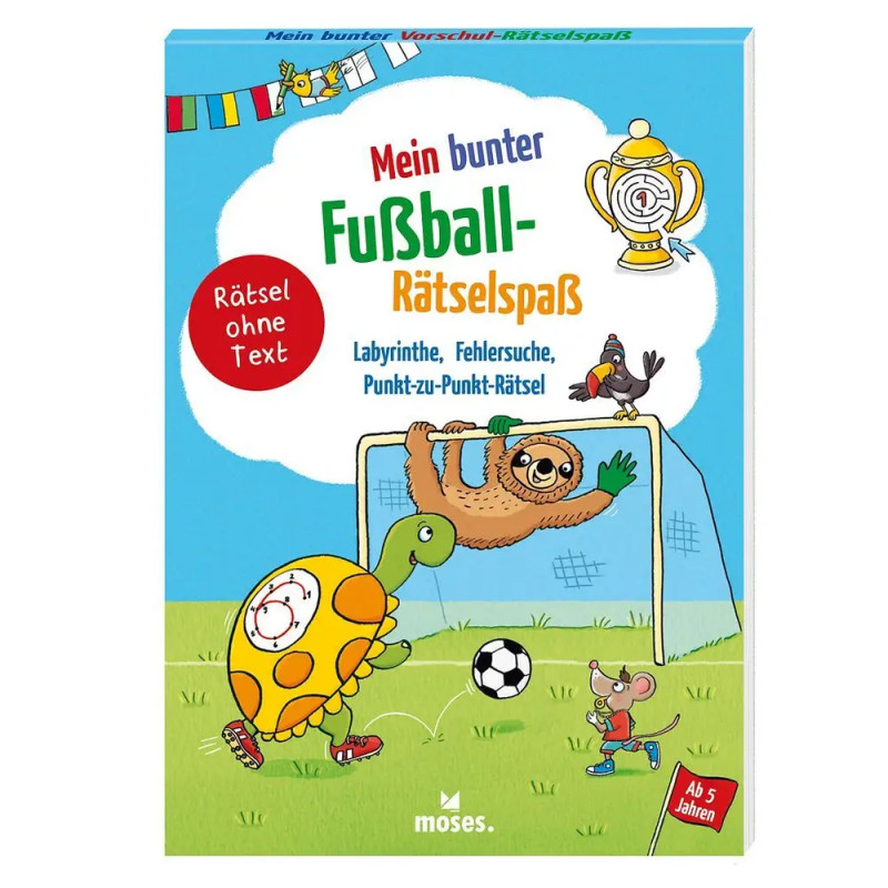 Buntes deutsches Kinder-Fußballrätselbuch mit tierischen Spielern, einem Tor und Ball auf dem Spielfeld.