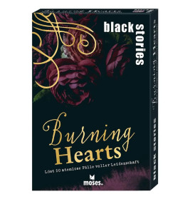 Black Stories: Burning Hearts Kartenspiel-Box mit dunklem Blumendesign und goldener, weißer sowie gelber Schrift.