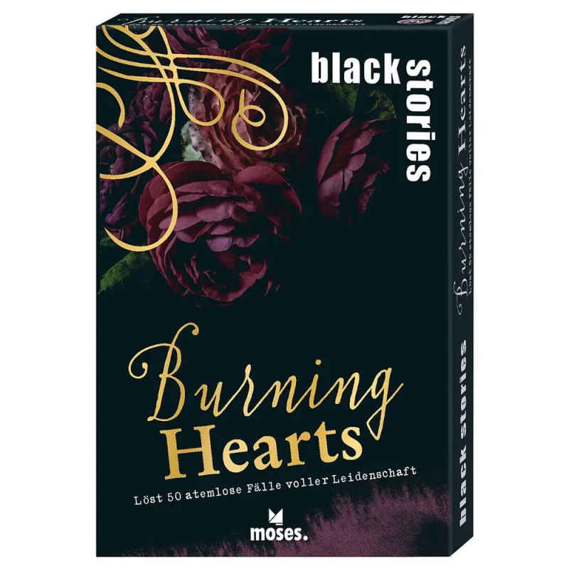 Black Stories: Burning Hearts Kartenspiel-Box mit dunklem Blumendesign und goldener, weißer sowie gelber Schrift.