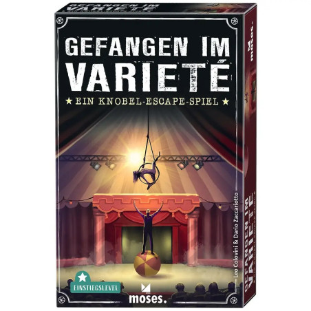 Box von Gefangen im Varieté, ein Escape-Room-Spiel mit Zirkusartisten auf der Bühne und Scheinwerfern.