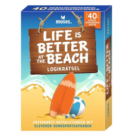 Puzzlekarton mit Schild "Life is better at the beach", Surfbrett und Wellen auf dem Deckel.