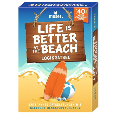 Puzzlekarton mit Schild "Life is better at the beach", Surfbrett und Wellen auf dem Deckel.