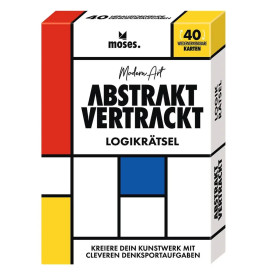 Bunte, abstrakte Puzzlebox mit dem Schriftzug ABSTRAKT VERTRACKT LOGIKRÄTSEL und geometrische Formen.