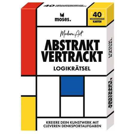 Bunte, abstrakte Puzzlebox mit dem Schriftzug ABSTRAKT VERTRACKT LOGIKRÄTSEL und geometrische Formen.