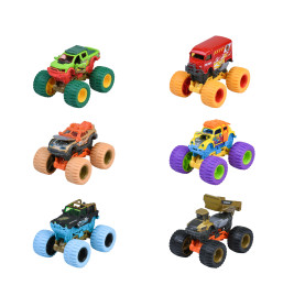 Sechs bunte Spielzeug-Monstertrucks mit großen Rädern stehen in zwei Spalten auf weißem Hintergrund.