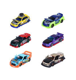 Sechs bunte Spielzeug-Rennautos mit geöffneten Motorhauben stehen in zwei Reihen auf weißem Hintergrund.