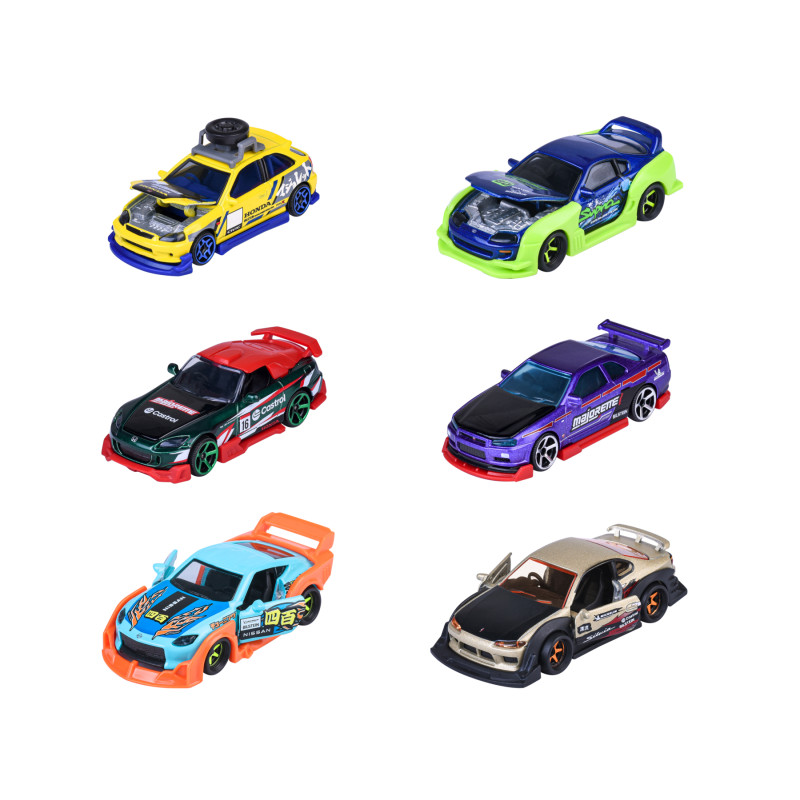 Sechs bunte Spielzeug-Rennautos mit geöffneten Motorhauben stehen in zwei Reihen auf weißem Hintergrund.