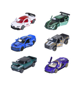 Sechs Spielzeugautos in unterschiedlichen Farben und Modellen, darunter Sportwagen und Pickups, auf weißem Hintergrund.