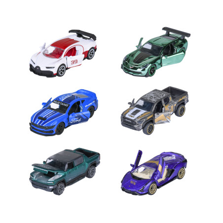 Sechs Spielzeugautos in unterschiedlichen Farben und Modellen, darunter Sportwagen und Pickups, auf weißem Hintergrund.