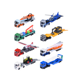 Neun Spielzeug-Lkw transportieren verschiedene Fahrzeuge wie Boot, Hubschrauber, Flugzeug, Traktor und Baufahrzeuge.