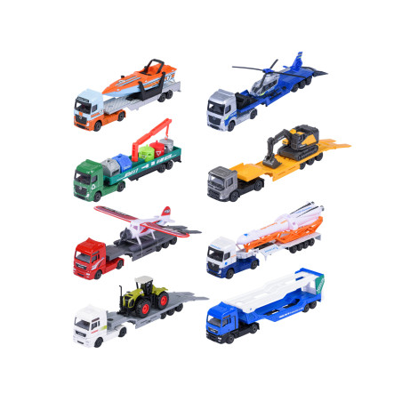 Neun Spielzeug-Lkw transportieren verschiedene Fahrzeuge wie Boot, Hubschrauber, Flugzeug, Traktor und Baufahrzeuge.