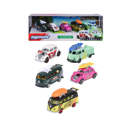 Sechs bunte VW-Spielzeugautos und -busse mit Surfbrettern sind unter ihren Verpackungen ausgestellt.