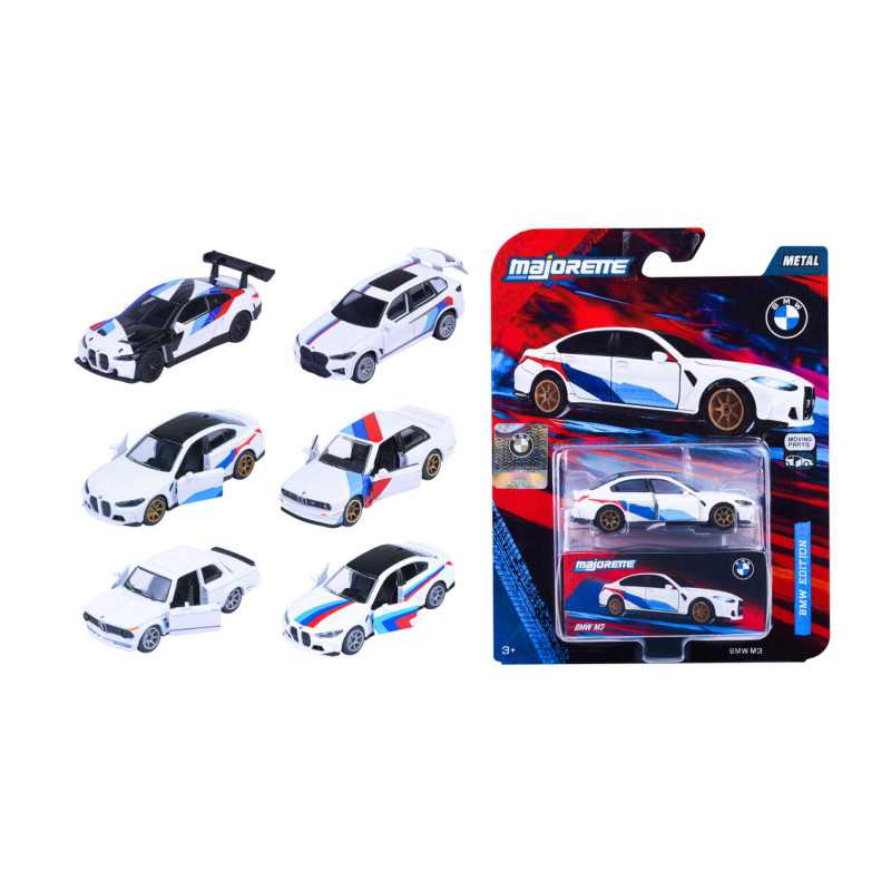 Sechs BMW-Spielzeugautos mit Rennlackierung und rechts ein verpacktes Majorette-Auto.