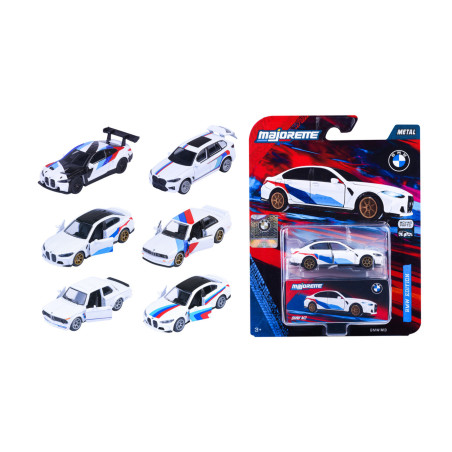 Sechs BMW-Spielzeugautos mit Rennlackierung und rechts ein verpacktes Majorette-Auto.