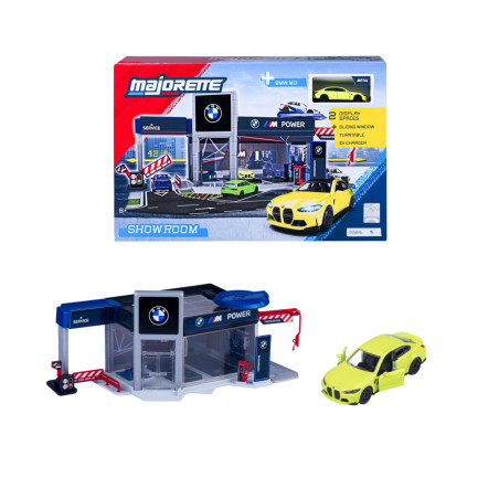 Majorette BMW M Showroom-Spielset mit gelbem Auto, Garagengebäude und illustriertem Verpackungskarton.