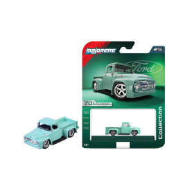 Ein mintgrüner Ford-Spielzeugpickup steht neben passender Verpackung mit 70th Anniversary-Label.