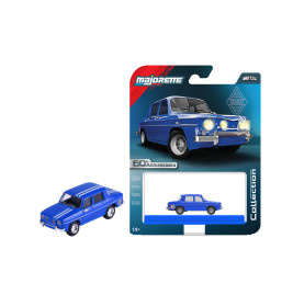 Blaues Spielzeugauto Renault 8 in Majorette-Verpackung mit der Aufschrift 60th Anniversary.