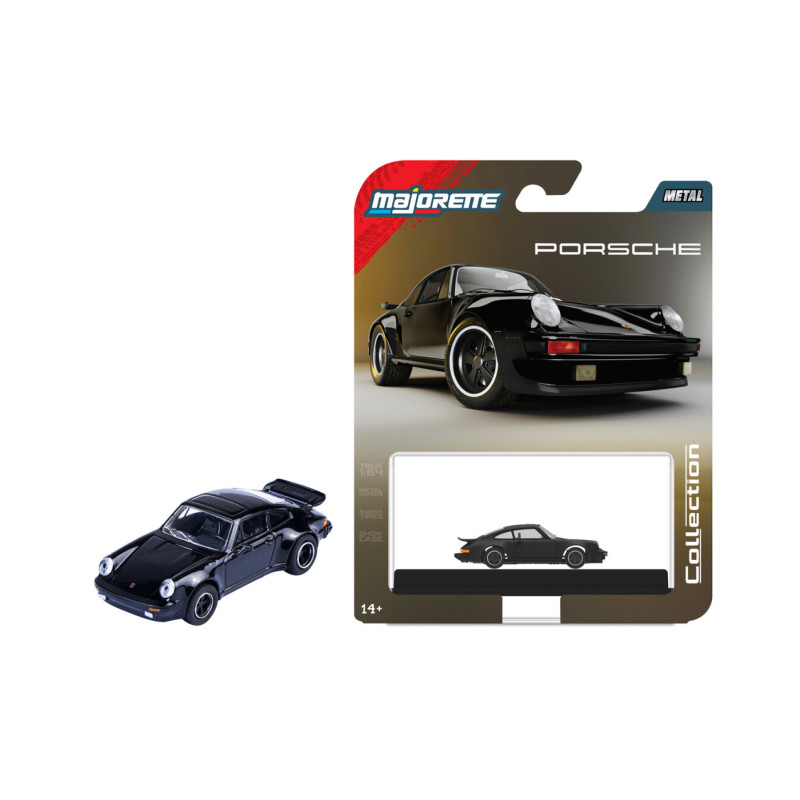 Majorette Porsche Spielzeugauto aus Metall in Schwarz neben seiner Verpackung mit Foto des Autos.
