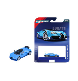 Blauer Bugatti-Spielzeugwagen neben Majorette-Verpackung mit Autoabbildung und BUGATTI-Schriftzug.
