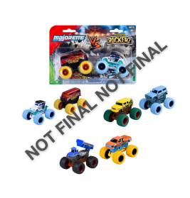 Sechs bunte Spielzeug-Monstertrucks mit Verpackung, darüber steht "NICHT FINAL" als Hinweis auf den vorläufigen Status.