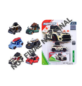 Sechs Mini Cooper Spielzeugautos und ein verpacktes Auto mit dem Hinweis "NOT FINAL" auf dem Bild.