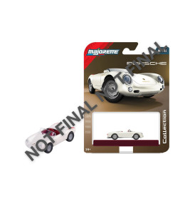 Weißes Spielzeug-Cabrio mit roten Sitzen steht neben Verpackung mit Aufschrift "Porsche Collection".