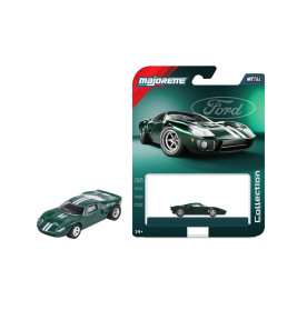 Grünes Ford GT40 Spielzeugauto neben Majorette-Verpackung mit Ford-Logo und Autoabbildung auf der Karte.