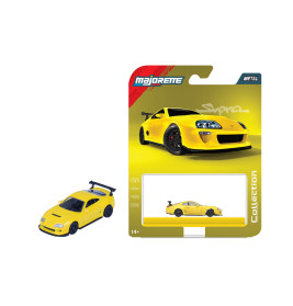 Gelbes Spielzeug-Sportauto mit Heckspoiler neben passender Majorette-Verpackung mit Autoabbildung und Supra-Schriftzug.