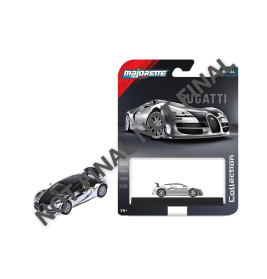 Majorette Bugatti Spielzeugauto und Verpackung, vorne mit Bild eines silbernen Bugatti.