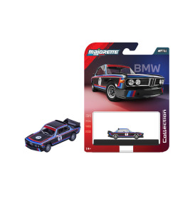 Majorette BMW Modellauto mit Rennstreifen, abgebildet samt Verpackung mit Autoabbildung und Markenlogo.