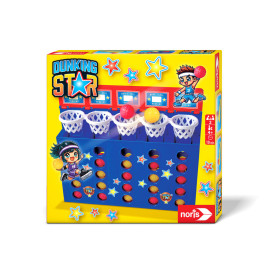 Dunking Star Mini-Basketballspiel in gelber Box mit Comicfiguren und Sternmotiven.