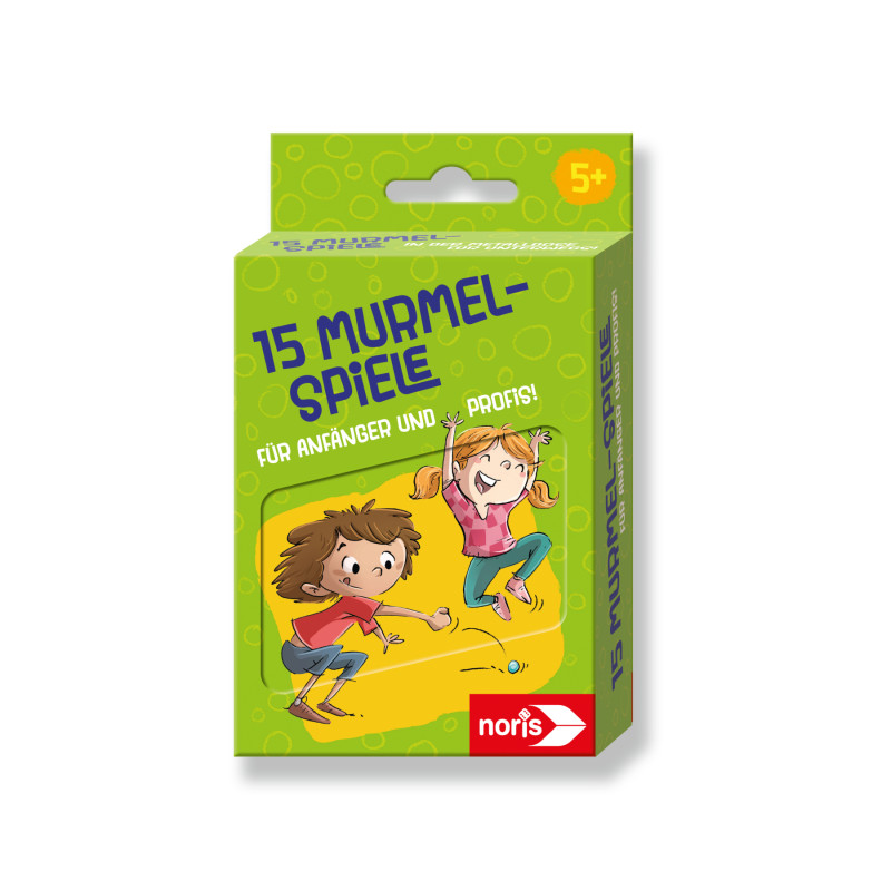 Grüne Box 15 Murmelspiele mit Cartoon-Kindern beim Murmelspiel, empfohlen ab 5 Jahren.