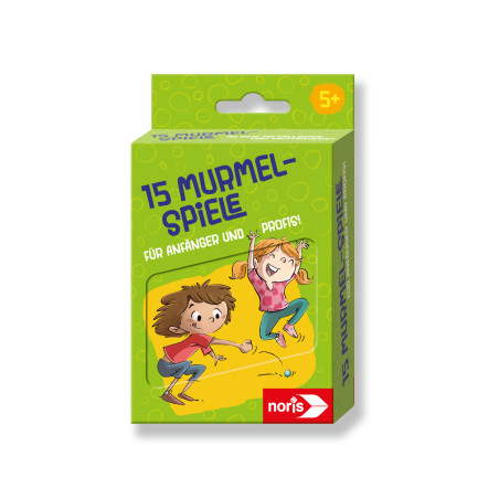 Grüne Box 15 Murmelspiele mit Cartoon-Kindern beim Murmelspiel, empfohlen ab 5 Jahren.