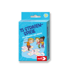 Blaue Box mit 15 Straßenspielen, zeigt Kinder beim Hüpfspiel geeignet für Kinder ab 5 Jahren.