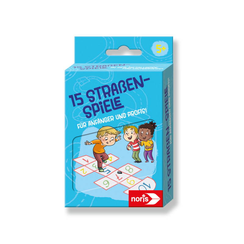 Blaue Box mit 15 Straßenspielen, zeigt Kinder beim Hüpfspiel geeignet für Kinder ab 5 Jahren.