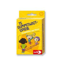 Gelbe Box mit 15 Gummitwist-Spielen von Noris, ab 5 Jahren, mit Comic-Kindern beim Seilspringen.