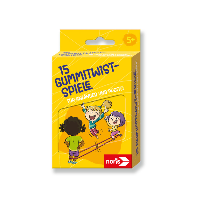 Gelbe Box mit 15 Gummitwist-Spielen von Noris, ab 5 Jahren, mit Comic-Kindern beim Seilspringen.