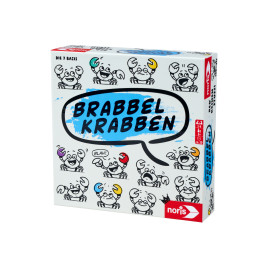 Spielschachtel Brabbel Krabben mit Comic-Krabben, die Grimassen ziehen und Sprechblasen zeigen.