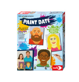 Bunte Paint Date-Spielbox mit illustrierten Porträts und Fotos von Personen, die ihre gemalten Bilder präsentieren.