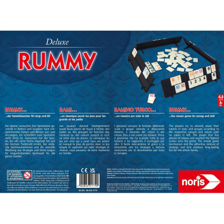 Rummy Deluxe Edition Familienspiel – Hochwertige UREA-Spielsteine für 2-4 Spieler ab 8 Jahren