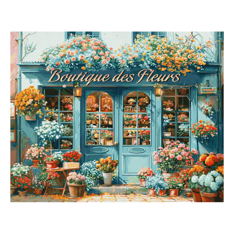 Blaues Blumengeschäft mit bunten Blumen und Pflanzen, die außen sowie am Eingang ausgestellt sind.