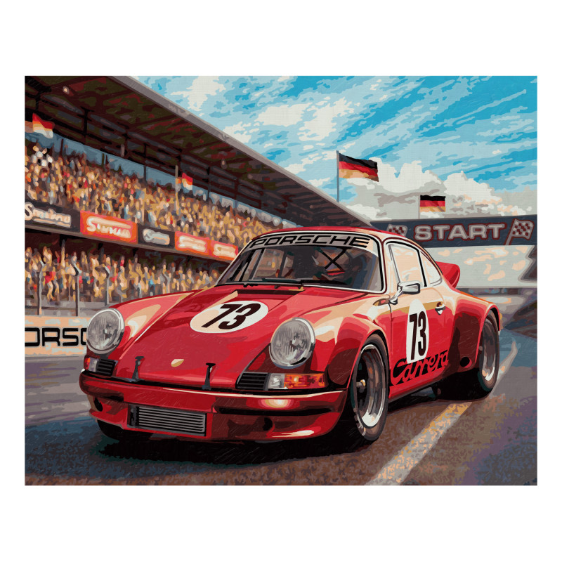 Ein roter Porsche-Oldtimer mit Startnummer 73 fährt auf der Rennstrecke, im Hintergrund Publikum und Fahnen.