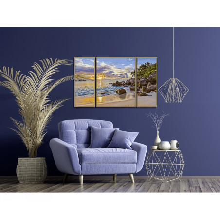 Schipper Malen nach Zahlen: Abendstimmung im Paradies – Triptychon Seychellen | Leinenstruktur