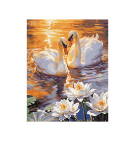 Zwei Schwäne auf goldenem Wasser bei Sonnenuntergang, im Vordergrund weiße Seerosen.