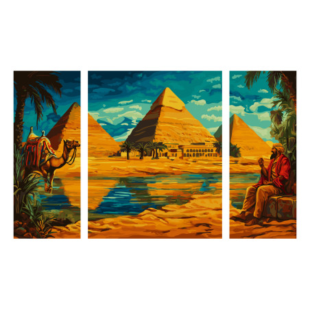 Buntes Gemälde mit Pyramiden, Palmen, einem Kamelreiter und einem Mann am Wasser unter farbenprächtigem Himmel.
