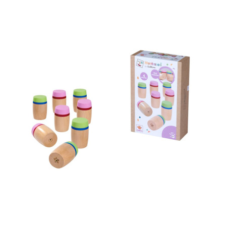 Sechs Holzsensorikzylinder mit bunten Deckeln und einer passenden Box auf weißem Hintergrund.